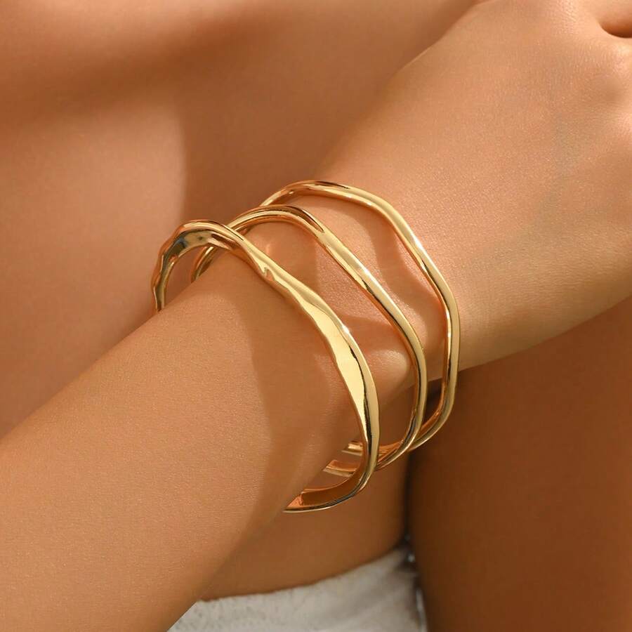 Bộ 3 vòng tay tối giản cong bất đối xứng, thiết kế giản dị phù hợp cho kỳ nghỉ và đi làm hàng ngày, quà tặng cho phụ nữ. - Vàng - Xem 1