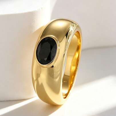 Charm-In Anillo de sello con baño de oro de 18K y circonita negra, joyería minimalista y audaz para mujeres
