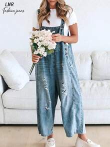 Quần jeans ống đứng dáng casual rách có dây đeo - Rửa nhẹ - Xem 2