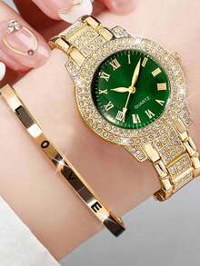 2pcs Elegant Women's Quartz Watch Set, Gold-Plated Diamond Steel Band, Roman Numeral Dial, Emerald Green Face. Women's Quartz Watch With Engraved "LOVE" Bracelet, Emerald Green Dial Center, Dazzling Gold, Classic Elegant Roman Numeral Dial, Made Of Durable And Wear-Resistant Material - Gold - View 8