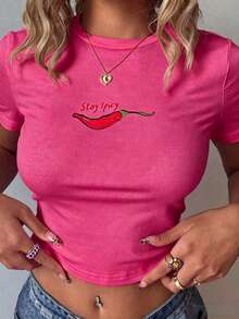 Y2K Crop Top Summer Outfits, "Stay Spicy" Graphic T-Shirt, Summer Outfit For Women, Vacation & Beach Outfit Casual - Hot Pink - View 1
