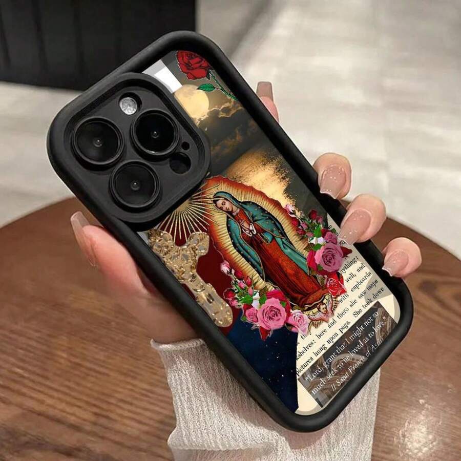 Virgin Mary Verses Pattern Phone Case For IPhone 16 15 14 Pro Max 13 12 11 XR XS Plus Shockproof Full Camera Protection Durable Slim Cover - Cool Brown - View 1