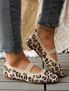 Zapatos planos de punto con estampado de leopardo, transpirables, mocasines casuales para madres, adecuados para el trabajo, el uso diario, el hogar y el exterior - Beis - Ver 1