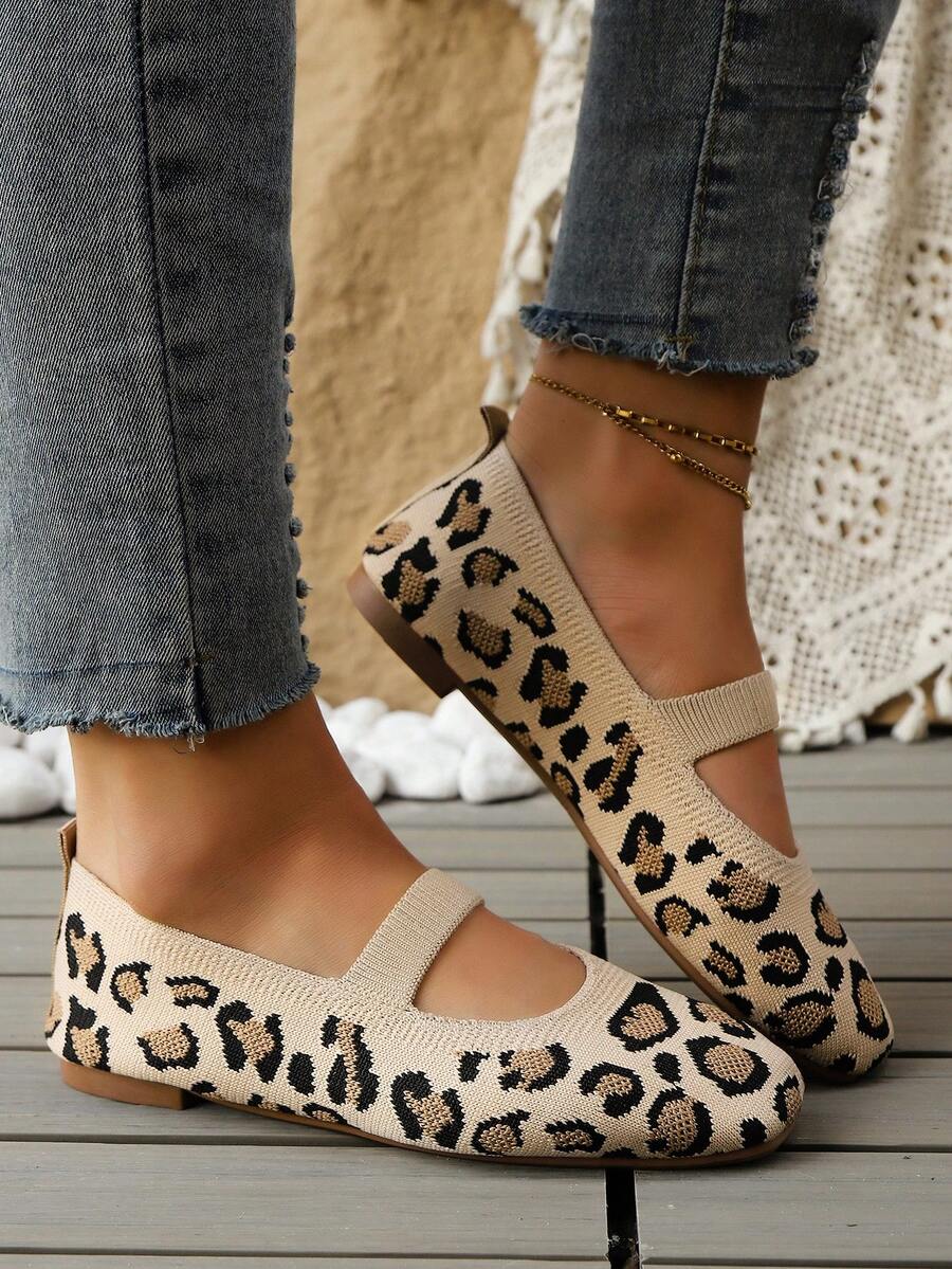 Zapatos planos de punto con estampado de leopardo, transpirables, mocasines casuales para madres, adecuados para el trabajo, el uso diario, el hogar y el exterior - Beis - Ver 1