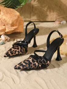 9cm Pointed Toe High Heel Shoes For Women, Ankle Strap Design, Leopard Print Color Block Stiletto Heel Elegant Pumps, Suitable For Daily Wear And Party - Black - View 2