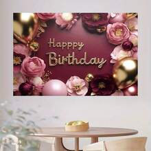 1pc Pink Princess Birthday Party Background Cloth, Polyester, Floral Balloon Birthday Party Background Banner Featuring Crown Pearl Gift Box Design, Cake Table Decor, Photography Backdrop - 1pc-39*59in/100*150cm-style F - View 5