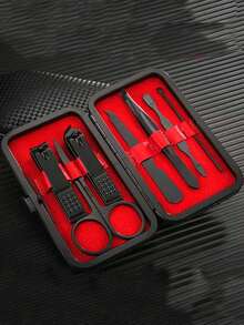 7pcs Stainless Steel Manicure Set, Matte Black Professional Pedicure & Nail Care Tools Kit, With Red Lining Storage Box, Including Nail Clipper, Scissors, Tweezers, Nail File, Cuticle Pusher & Ear Pick, Compact & Portable, Suitable For Men & Women Daily Care, Travel, Home Use, Perfect Gift For Family, Friends & Colleagues - Multicolor - View 2
