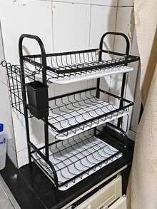 Bộ giá đựng bát đĩa 3 tầng bằng thép carbon cao cấp kèm khay hứng nước - Giá đựng đồ nhà bếp dung tích lớn dùng để đựng bát, đĩa, dao kéo, thớt, màu đen kim loại phối trắng. - Nhiều màu - Xem 5