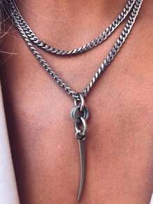 1 pieza Collar con colgante de corazón y geométrico de estilo punk, collar de cadena de acero inoxidable plateado, adecuado para hombres y mujeres para uso diario, fiesta, vacaciones, festival de música - Plateado - Ver 15