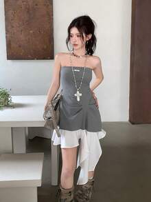 Mini Dress, Gal Style, Summer, Strapless, Asymmetrical, Two-Tone, Date, Women - Grey - View 1