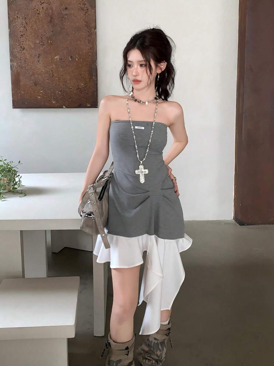 Mini Dress, Gal Style, Summer, Strapless, Asymmetrical, Two-Tone, Date, Women - Grey - View 1
