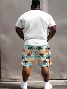 2pcs Plus Size Men's Coconut Tree Print Short Sleeve Shorts Set, Round Neck Tee Paired With Drawstring Shorts, Breathable Soft Comfortable Fabric - White - View 3