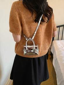 New Double-Clip Belt Glossy Mini Bag, Cute Punk Motorcycle Fashion Handbag, Crossbody Bag For Teenagers, Lipstick Pouch Mini Accessory Bag - Silver - View 10