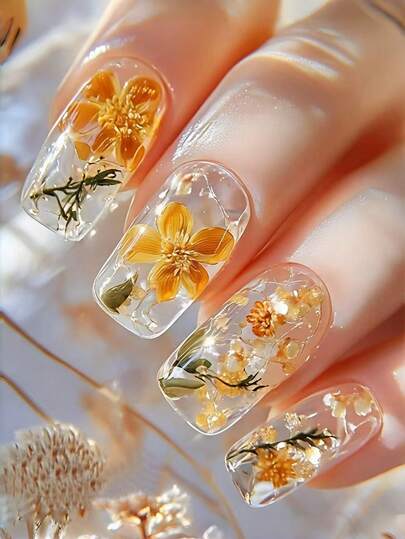 24pcs Medium-Sized European Square False Nails, Luxury Transparent Yellow Floral Design, Removable Full Coverage Nail Tips Suitable For Party, Wedding, Daily Wear