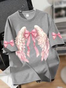Girls' Loose Fit Graphic T-Shirt, Pink Ombre Butterfly Wing & Bow Print, Bowknot Cuff Decor, Casual Relaxed Fit, Suitable For Dates, Outings, Everyday Casual Wear - Grey - View 1