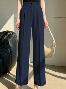 Women's High-Waisted Pleated Loose Fit Trousers, Suitable For Work And Casual Wear, Navy Blue, Spring/Summer - Navy Blue - View 1
