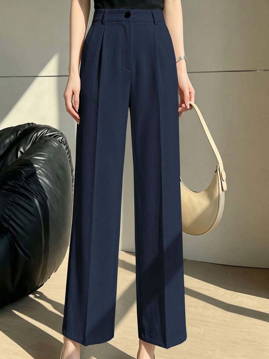 Women's High-Waisted Pleated Loose Fit Trousers, Suitable For Work And Casual Wear, Navy Blue, Spring/Summer - Navy Blue - View 1