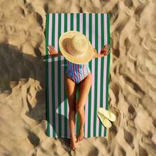 1 Pc Green Pink Striped Pattern Beach Towel, Large Quick Dry Soft Sun-Protective Absorbent Comfortable Durable Microfiber Material, For Beach Pool Bath Spa Daily Use, Pool Camping Yoga Diving Travel Essential, Summer Travel Vacation Essential - Green Pink Striped - View 2