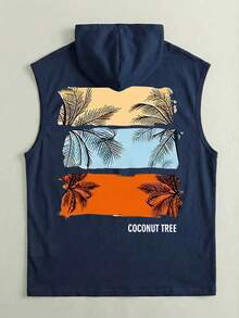 Men's Casual Sleeveless Hoodie With English Coconut Tree Print | Exquisite Design | Summer Essential | Fashionable Matching, Showcasing Your Style - Navy Blue - View 2