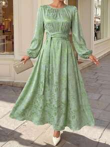 Women's Floral Pattern Lantern Sleeve Waist Tie Arabic Style Dress - Mint Green - View 1