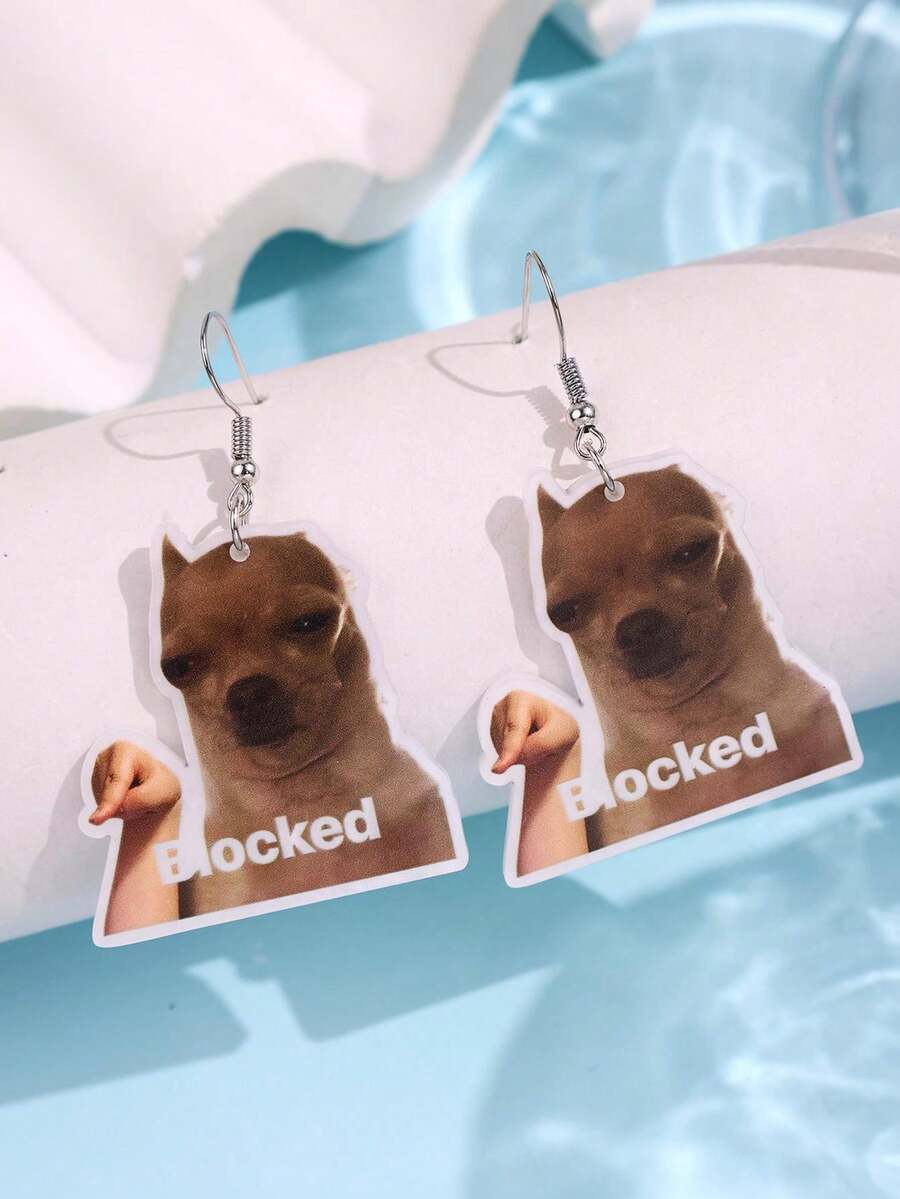 一对创意趣味独特可爱卡通时尚精致吉娃娃标语亚克力吊坠耳环，适合女性日常佩戴、节日和派对场合。 - 彩色 - 查看 1