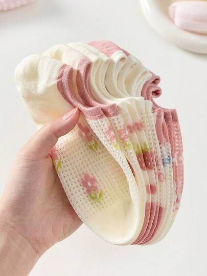 5 pares de calcetines cortos con estampados de conejitos, tulipanes y fresas, de malla transpirable y corte bajo invisible, con patrones florales románticos, adecuados para uso diario casual, trabajo, escuela y paseos de fin de semana, colores aleatorios