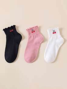 3/6 Pairs Cherry Patterned Women Short Socks, Women Spring/Summer Ankle Socks, Frill Trim White Women Short Socks, Floral Lace College Style Student Socks - Multicolor - View 15