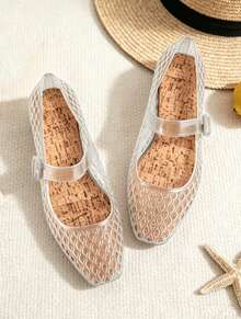 Women's Jelly Mesh Flats Breathable Clear Hollow Shoes Summer Beach Jellies Ballet Sandals - 無色 - 查看 1