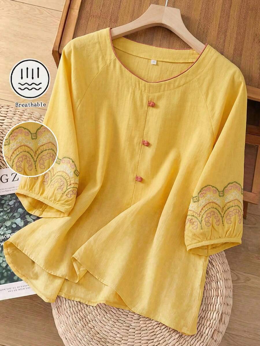 Vintage Embroidered Short Sleeve T-Shirt For Women, Floral Embroidery Casual Blouse Summer - Yellow - View 1