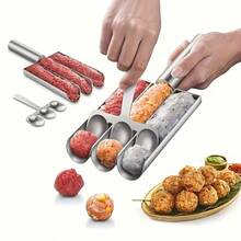 1 pieza Molde para albóndigas triple de acero inoxidable antiadherente, apto para contacto con alimentos, electrodoméstico de cocina para autocaravana, herramienta fácil para formar albóndigas, sin necesidad de electricidad - Color acero inoxidable - Ver 4