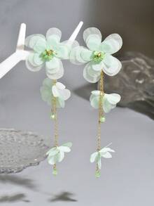 1 Pair Elegant Fabric Flower Long Earrings, Suitable For Daily Wear (Bead Color Random) - Light Green - E173E - View 3