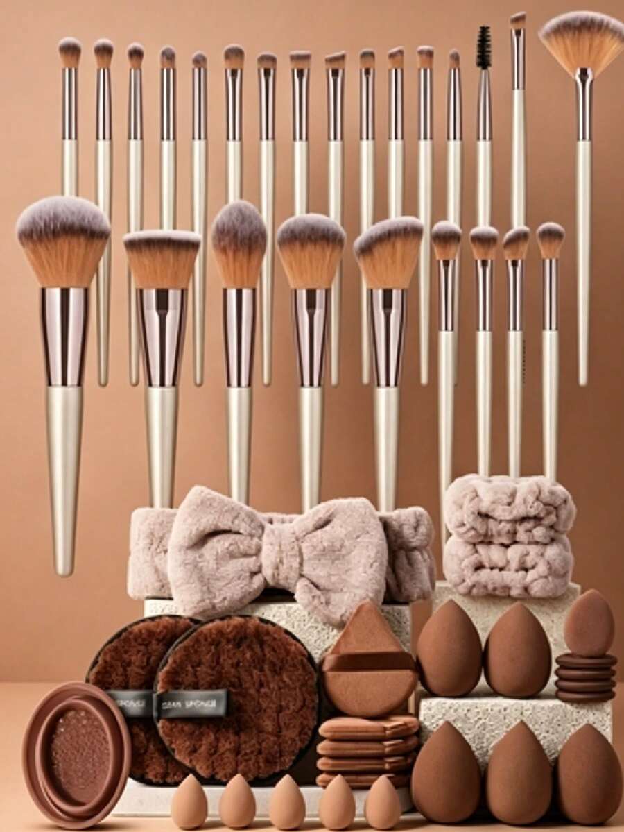 51PCS Makeup Tool Set Includes: 25PCS Makeup Brush Set+5PCS Makeup Sponge+5PCS Mini Makeup Sponge+5PCS Triangular Powder Puff+5PCS Mini Air Cushion Powder Puff+2pCS Wrist Strap+2pCS Facial Cleanser Sponge+1pc Headband+1pc Makeup Brush Cleaning Tool - Coffee Brown - View 1