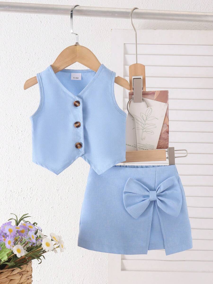 2er Set Baby Mädchen minimalistisches einfarbiges Tanktop & 3D Schleife Shorts, Sommer - Babyblau - Übersicht 1