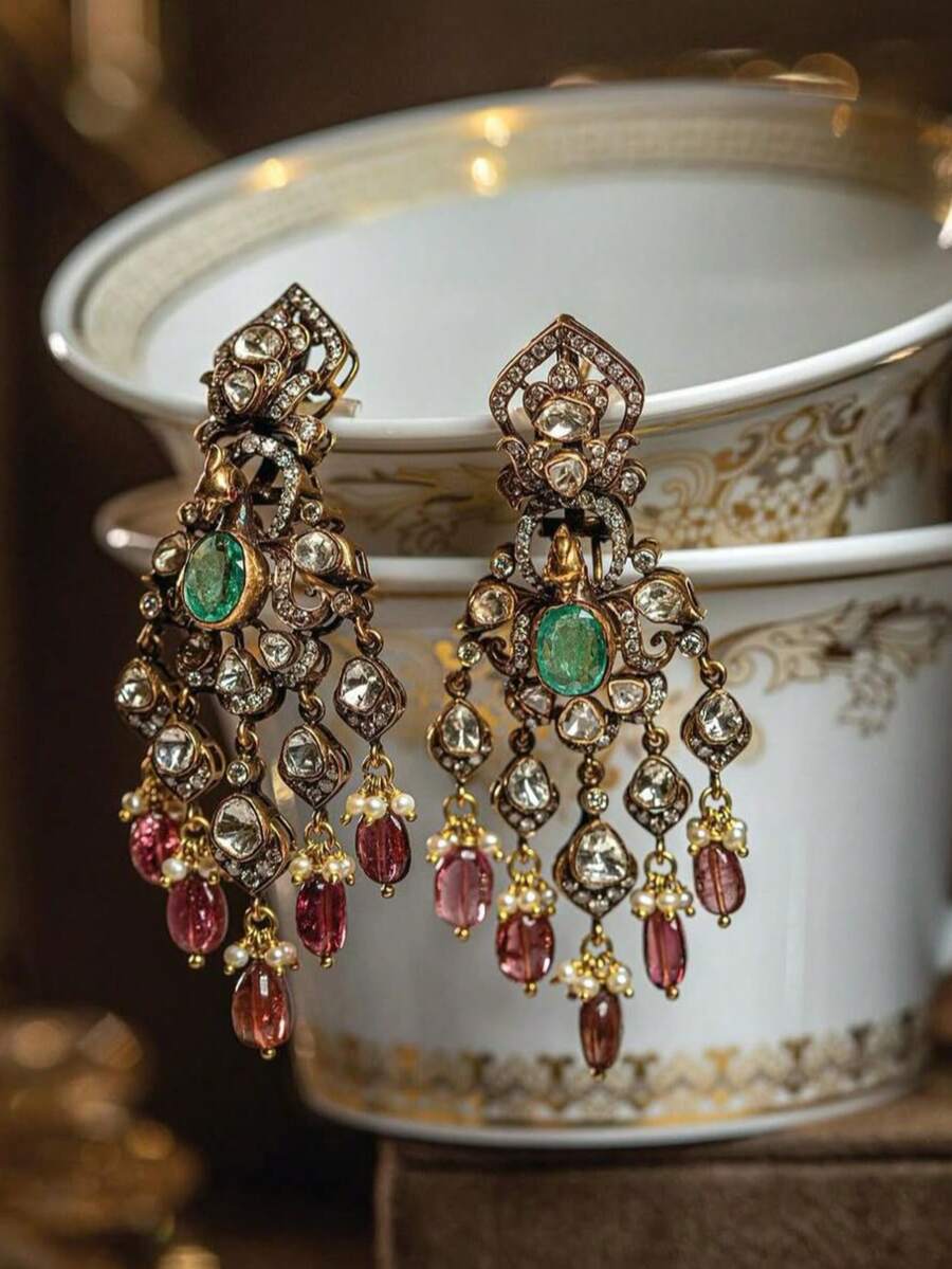 2pcs Vintage Court Style Emerald Pendant Tassel Earrings, Suitable For Everyday Dates And Parties - 彩色 - 查看 1