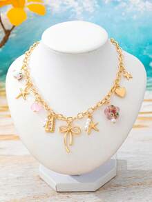 1pc Personalized Bowknot/Heart/Starfish Pendant Niche Design Necklace With Faux Pearl And Enamel Ceramic Beads, Versatile For Women To Wear To Party Or Daily - Multicolor - View 5