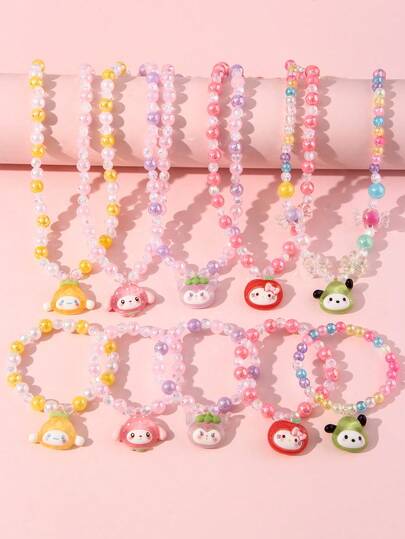 SANRIO 2件套三丽鸥女孩可爱水果猫咪珍珠串珠手链项链套装，适合节日派对、学校活动、生日礼物，彩色珠子随机发货