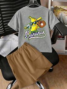 1 Set Camiseta de manga corta y pantalones cortos cargo con estampado de plátano y béisbol de dibujos animados, ajuste holgado informal, camiseta y pantalones cortos deportivos para niños adolescentes, regalo de verano perfecto para la escuela y uso al aire libre - Multicolor - Ver 3