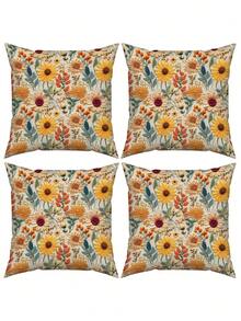 1pc Sunflower & Daisy All-Over Print Pillow Cover, Soft Polyester Fabric, Zipper Design Machine Washable, Warm Yellow Retro Style Sofa Cushion, Suitable For Living Room & Bedroom, Pillow Insert Not Included - A - View 10