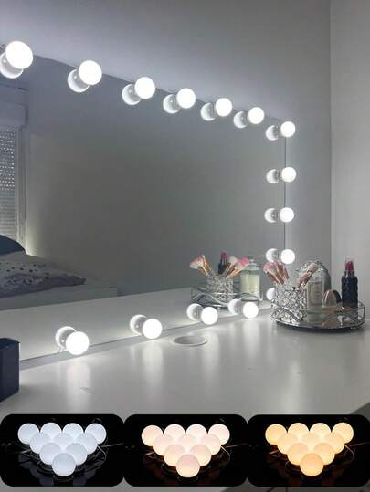 1 pezzo Specchio per il trucco con luce, 4/6/8/10 lampadine LED regolabili, 3 modalità di temperatura del colore, luce per specchio a ventosa alimentata tramite USB, adatta per tavolo da toeletta e bagno (specchio non incluso), facile da installare come luce da parete per camera da letto e stanza per il trucco