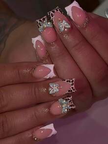 24pcs Square Short Rhinestone Decorated French Manicure Nail Stickers, Includes 1 Double-Sided Adhesive And 1 Nail File - Multicolor - View 8