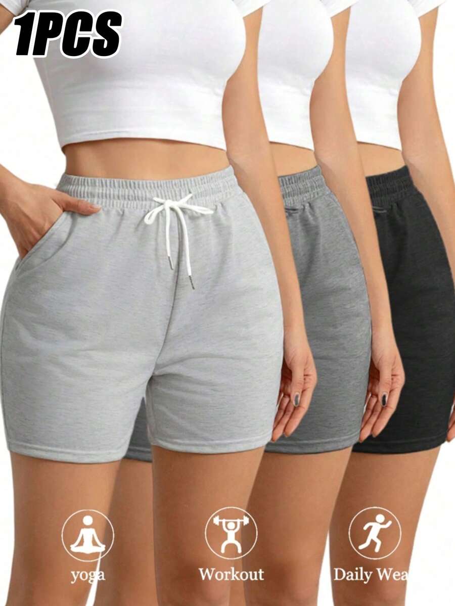 Women's Solid Color Outdoor Casual Shorts With Elastic Waistband And Pockets, Suitable For Fitness, Home, Yoga, Perfect Gift For Moms And Girlfriends Summer - Grey - View 1