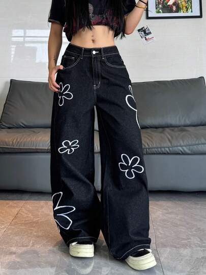 1件韩版街头风刺绣女式宽松阔腿牛仔裤，舒适休闲百搭，适合所有季节（不含腰带/配饰）