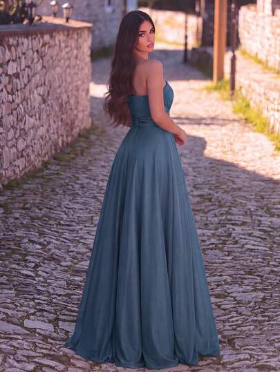 Faeriesty Đầm dạ hội dệt kim lệch vai thanh lịch, thiết kế xếp ly thời trang, phù hợp cho phù dâu hoặc các dịp trang trọng như đám cưới.