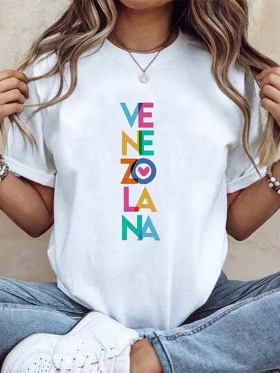 100%Cotton VenezuelaS Graphic Print Short Sleeve Cotton Crew Neck  Machine WashableWomen's Simple Solid Color T-Shirt, Loose And  Casual Short Sleeve