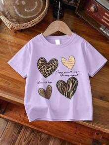 Camiseta de manga corta con cuello redondo y estampado de corazón de leopardo para niñas, nueva ropa cómoda para niños en primavera/verano - Púrpura malva - Ver 3