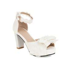 Bow Sweet High Heels Women's Thick Heel Sandals Fish Mouth Lace Sexy - White - View 1