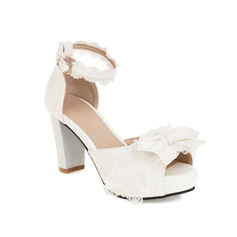Bow Sweet High Heels Women's Thick Heel Sandals Fish Mouth Lace Sexy - White - View 1