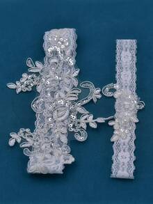 1 đôi dây nịt chân cô dâu, phụ kiện lễ cưới với chỉ bạc, dây nịt chân ren đính sequin lấp lánh dành cho phù dâu. - trắng - Xem 7