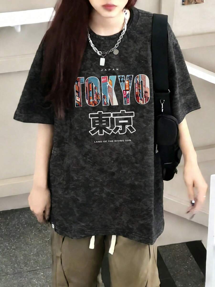 夏季新款 Z-Gen Y2K 女式上衣，Design Sense 迷彩东京印花圆领短袖 T 恤 - 黑色 - 查看 1