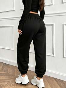 Women's Elastic Waist Drawstring Jogger Pants With Side Zipper Pockets, Casual Sporty Sweatpants For Daily Commute, Spring/Autumn Sports Black - Black - View 4